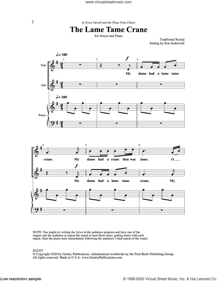The Lame, Tame Crane sheet music for choir (2-Part) by Ron Soderwall, intermediate duet
