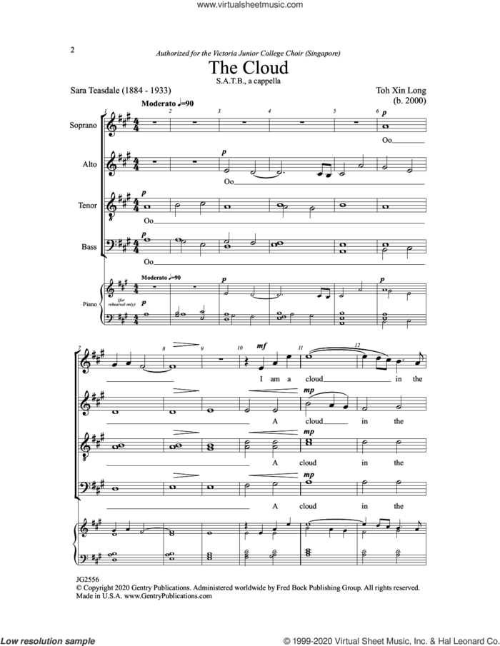 The Cloud sheet music for choir (SATB: soprano, alto, tenor, bass) by Toh Xin Long and Sara Teasdale, intermediate skill level