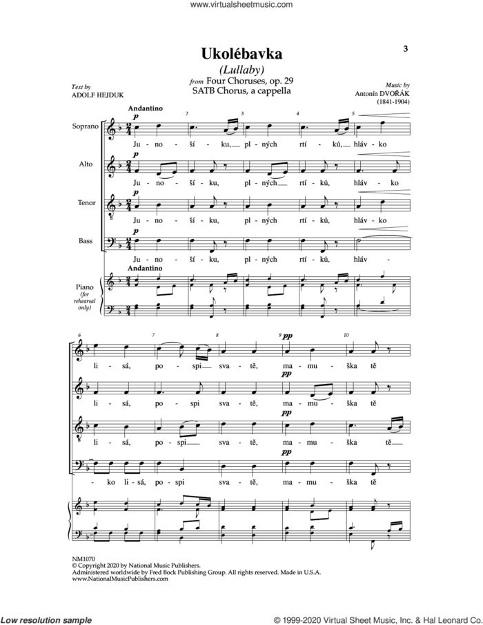 Ukolebavka (Lullaby) sheet music for choir (SATB: soprano, alto, tenor, bass) by Antonin Dvorak and Adolf Hejduk, intermediate skill level