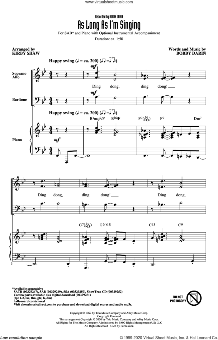 As Long As I'm Singing (arr. Kirby Shaw) sheet music for choir (SAB: soprano, alto, bass) by Bobby Darin and Kirby Shaw, intermediate skill level