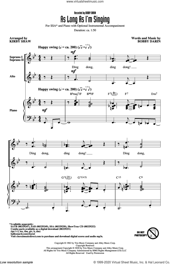 As Long As I'm Singing (arr. Kirby Shaw) sheet music for choir (SSA: soprano, alto) by Bobby Darin and Kirby Shaw, intermediate skill level