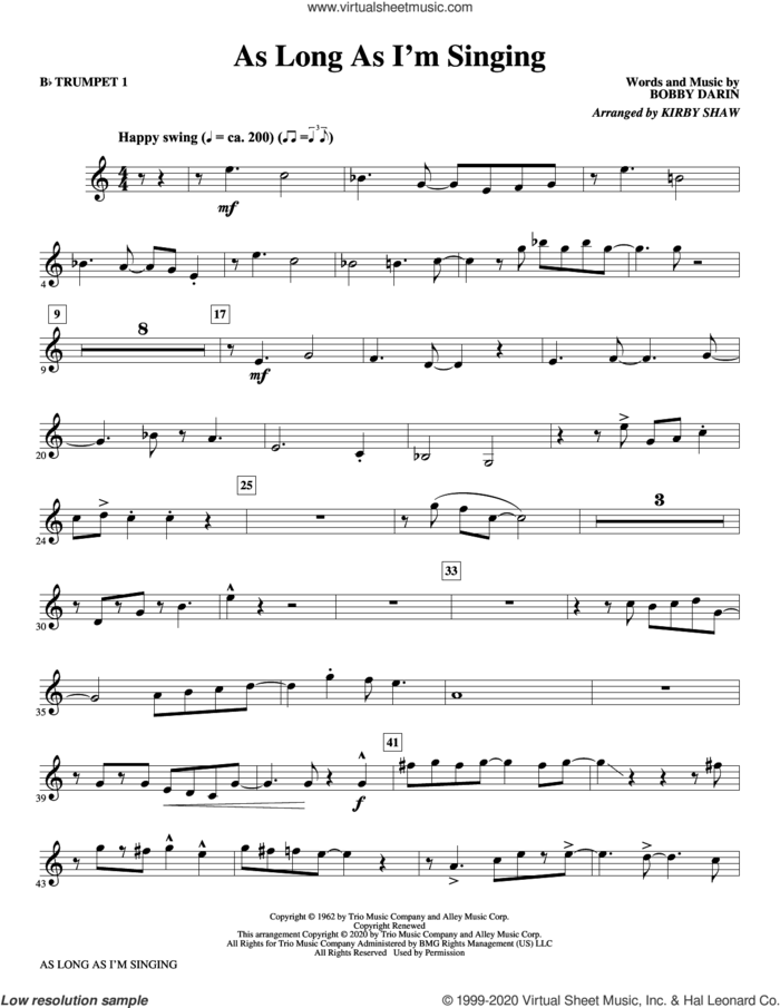 As Long As I'm Singing (arr. Kirby Shaw) sheet music for orchestra/band (Bb trumpet 1) by Bobby Darin and Kirby Shaw, intermediate skill level