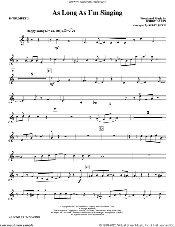 As Long As I'm Singing (arr. Kirby Shaw) sheet music for orchestra/band (Bb trumpet 2) by Bobby Darin and Kirby Shaw, intermediate skill level
