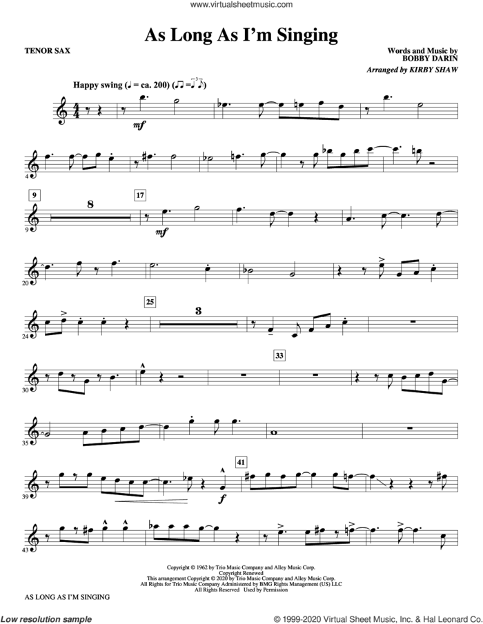 As Long As I'm Singing (arr. Kirby Shaw) sheet music for orchestra/band (Bb tenor saxophone) by Bobby Darin and Kirby Shaw, intermediate skill level
