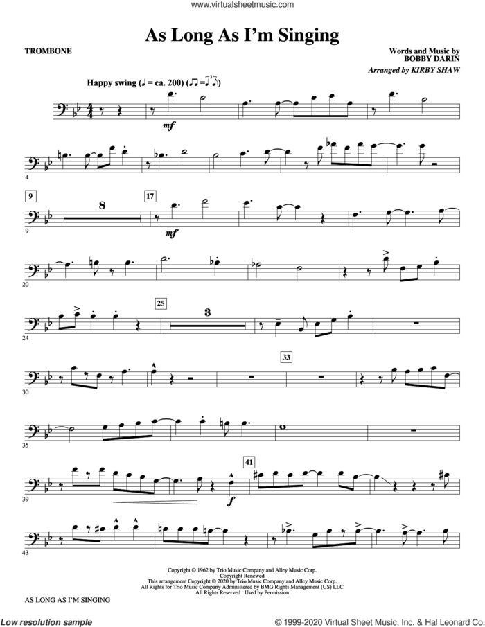 As Long As I'm Singing (arr. Kirby Shaw) sheet music for orchestra/band (trombone) by Bobby Darin and Kirby Shaw, intermediate skill level