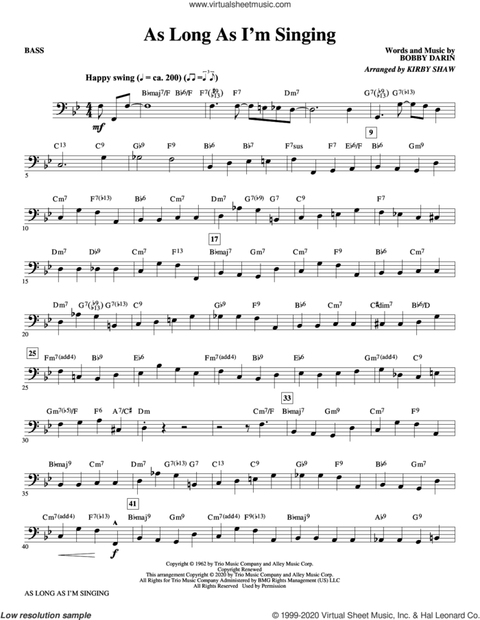As Long As I'm Singing (arr. Kirby Shaw) sheet music for orchestra/band (bass) by Bobby Darin and Kirby Shaw, intermediate skill level