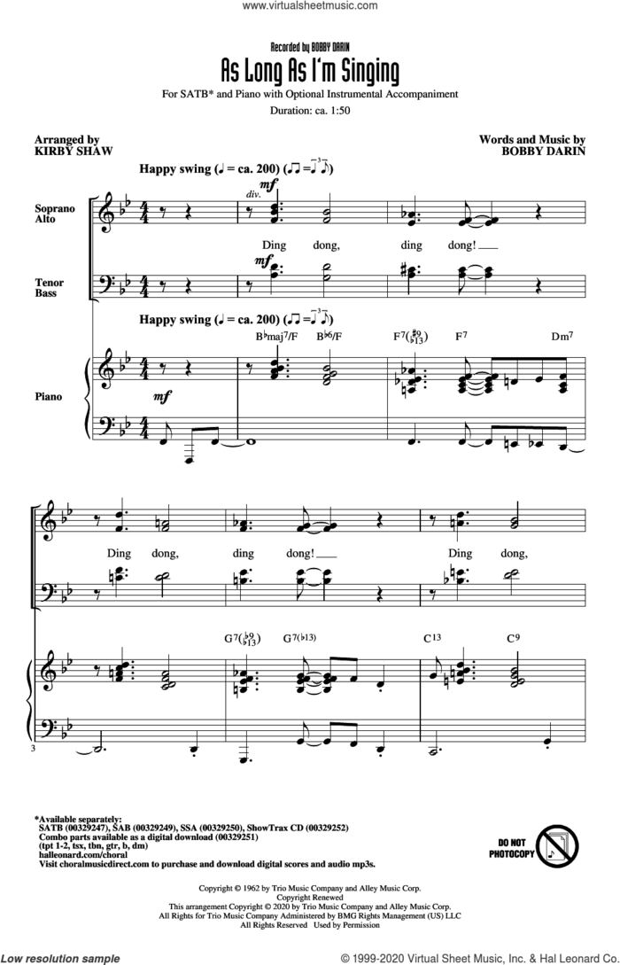 As Long As I'm Singing (arr. Kirby Shaw) sheet music for choir (SATB: soprano, alto, tenor, bass) by Bobby Darin and Kirby Shaw, intermediate skill level