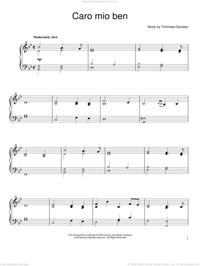 Caro Mio Ben sheet music for piano solo by Tommaso Giordani and Anonymous Italian poem, classical wedding score, intermediate skill level