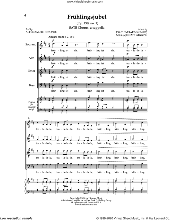 Fruhlingsjubel sheet music for choir (SATB: soprano, alto, tenor, bass) by Joachim Raff and Jeremy Wiggins, intermediate skill level