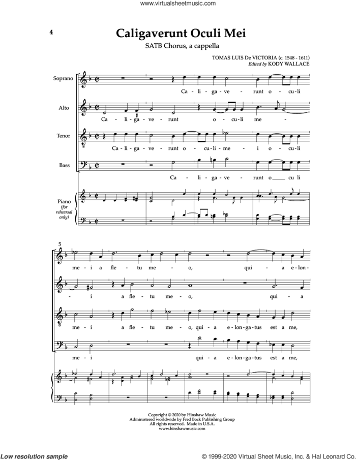 Caligaverunt Oculi Mei sheet music for choir (SATB: soprano, alto, tenor, bass) by Tomas Luis de Victoria and Kody Wallace, intermediate skill level