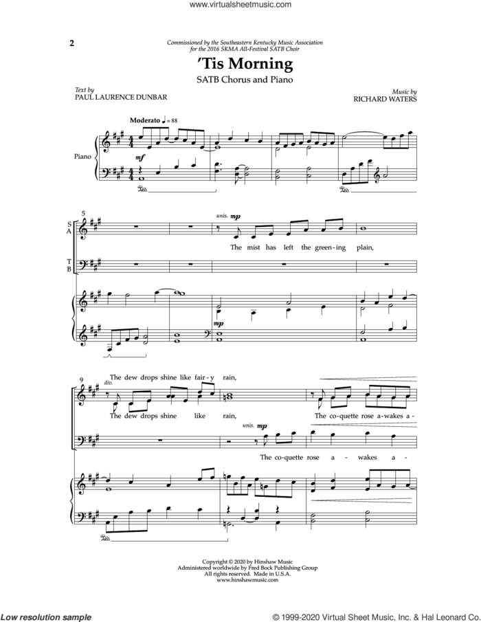 'Tis Morning sheet music for choir (SATB: soprano, alto, tenor, bass) by Richard Waters and Paul Laurence Dunbar, intermediate skill level