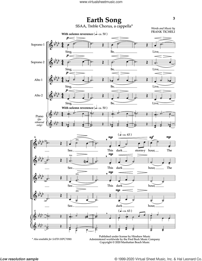 Earth Song sheet music for choir (SSAA: soprano, alto) by Frank Ticheli, intermediate skill level