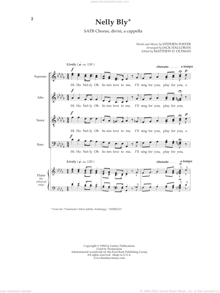 Nelly Bly (arr. Jack Hallaran) sheet music for choir (SATB: soprano, alto, tenor, bass) by Stephen Foster, Jack Hallaran and Matthew D. Oltman, intermediate skill level