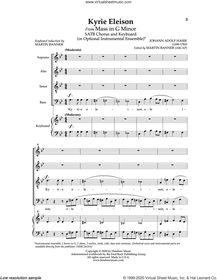 Kyrie Eleison (from Mass In G Minor) sheet music for choir (SATB: soprano, alto, tenor, bass) by Johann Adolf Hasse, Johann Adolph Hasse and Martin Banner, intermediate skill level