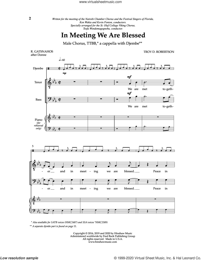 In Meeting We Are Blessed sheet music for choir (TTBB: tenor, bass) by Troy Robertson, John Donne and R. Gatsnahos, intermediate skill level