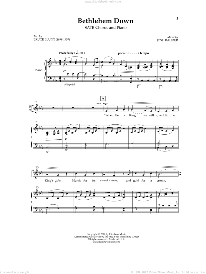 Bethlehem Down sheet music for choir (SATB: soprano, alto, tenor, bass) by Josh Bauder, Bruce Blunt and Josh Bauder and Bruce Blunt, intermediate skill level