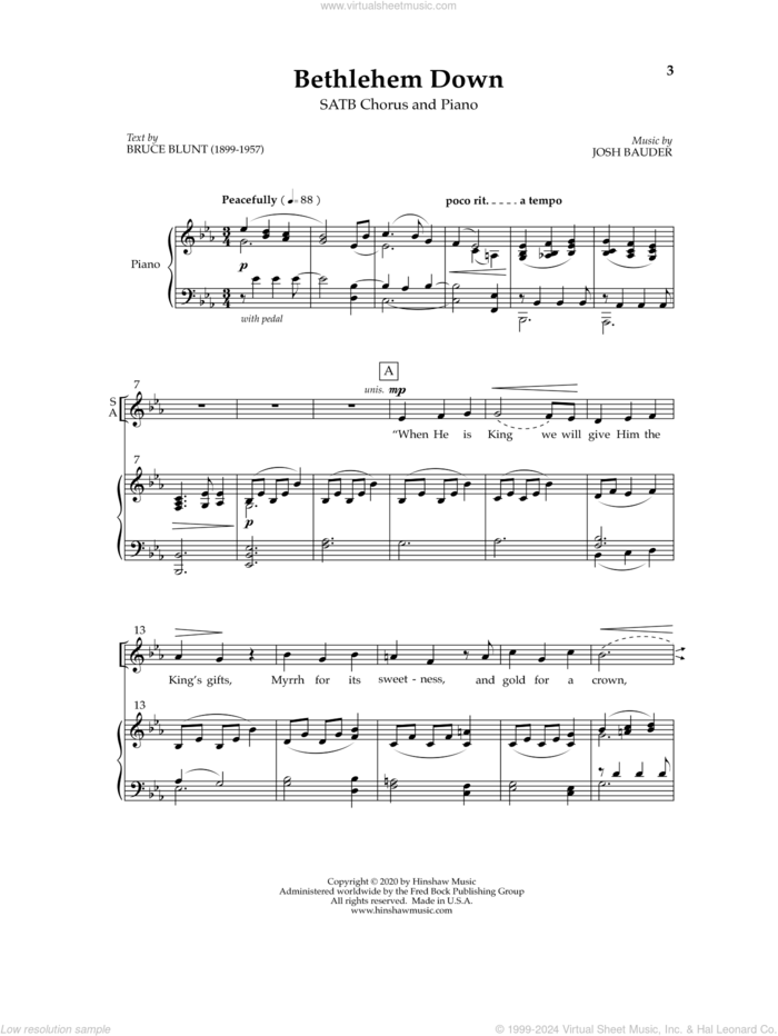 Bethlehem Down sheet music for choir (SATB: soprano, alto, tenor, bass) by Josh Bauder, Bruce Blunt and Josh Bauder and Bruce Blunt, intermediate skill level