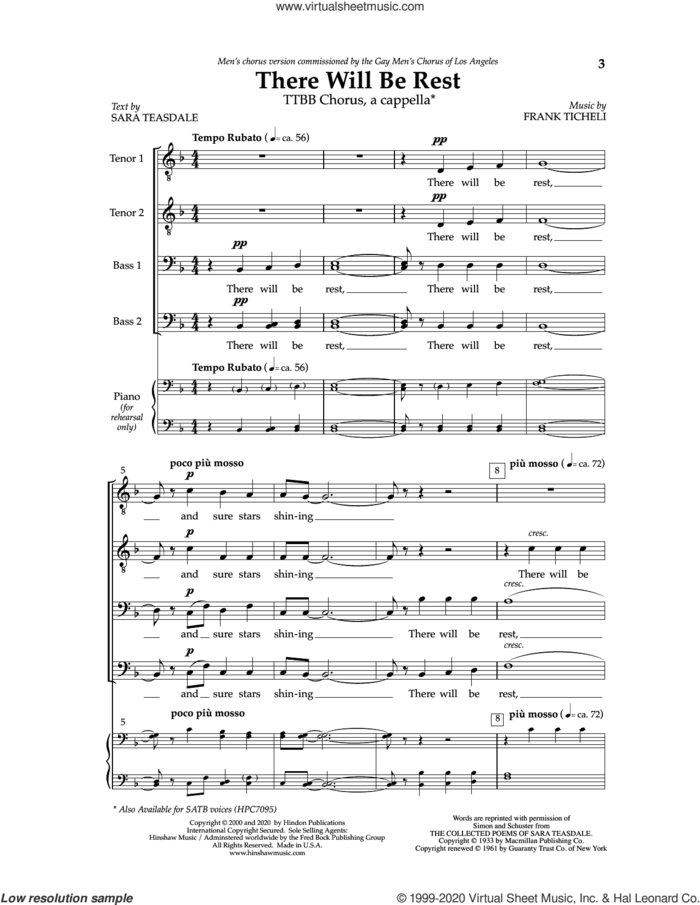 There Will Be Rest sheet music for choir (TTBB: tenor, bass) by Frank Ticheli and Sara Teasdale, intermediate skill level