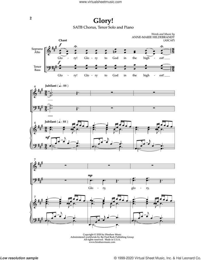 Glory! sheet music for choir (SATB: soprano, alto, tenor, bass) by Anne-Marie Hildebrandt, intermediate skill level