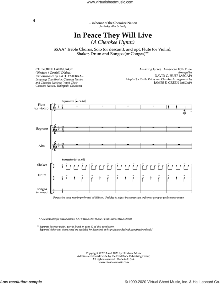 In Peace They Will Live (A Cherokee Hymn) sheet music for choir (SSAA: soprano, alto) by James E. Green, intermediate skill level
