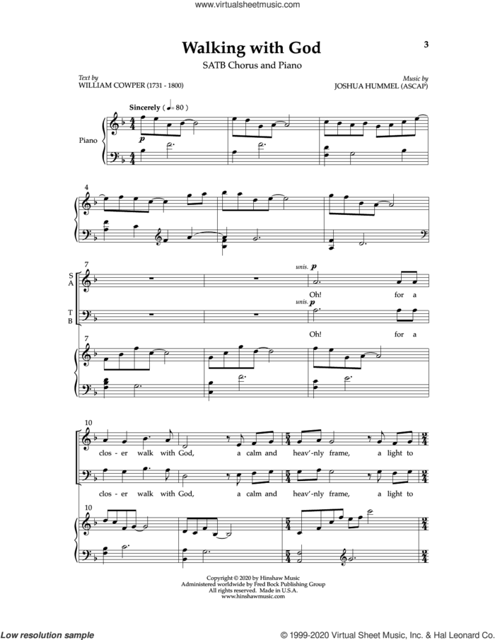 Walking With God sheet music for choir (SATB: soprano, alto, tenor, bass) by Josh Hummel and William Cowper, intermediate skill level