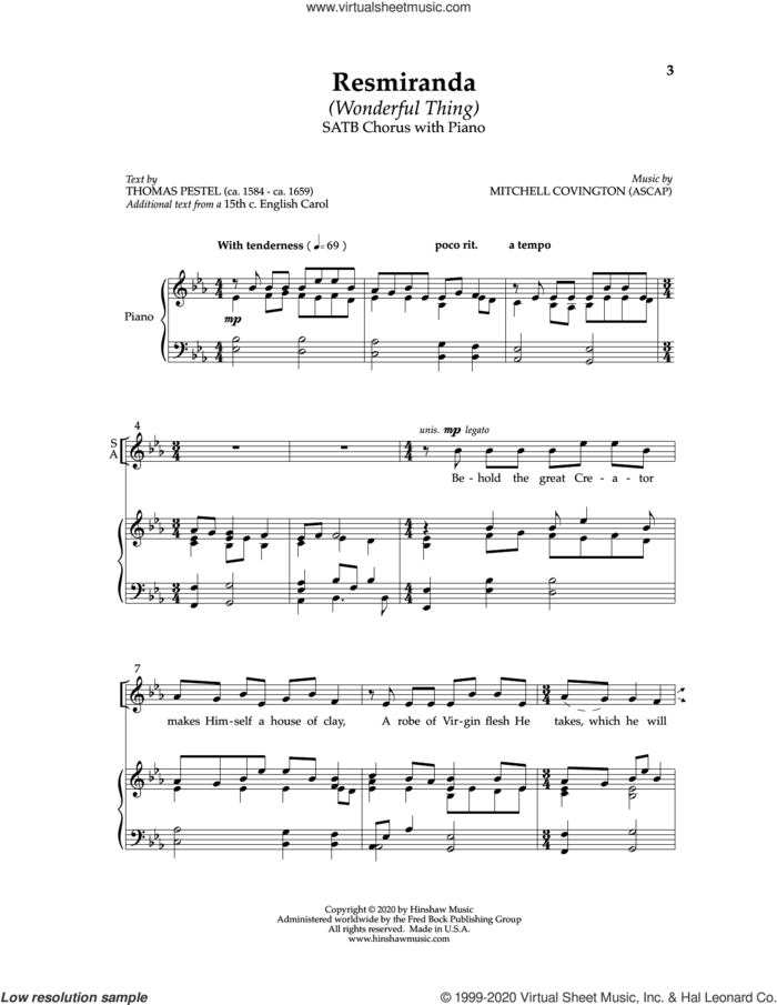 Res Miranda (Wonderful Thing) sheet music for choir (SATB: soprano, alto, tenor, bass) by Mitchell Covington, intermediate skill level