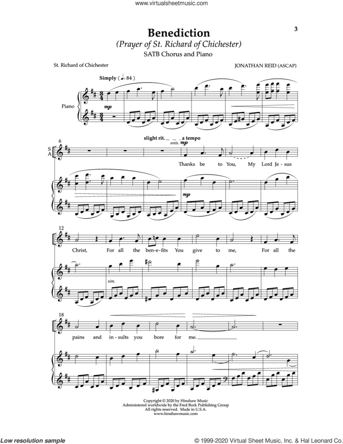 Benediction (Prayer of St. Richard of Chichester) sheet music for choir (SATB: soprano, alto, tenor, bass) by Jonathan Reid, intermediate skill level