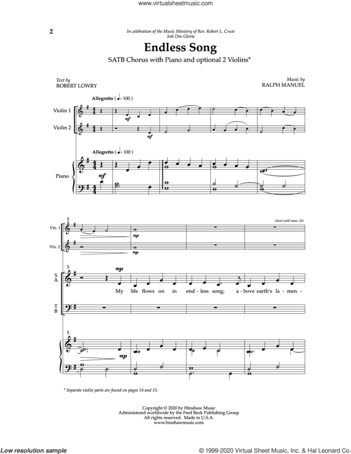 Endless Song sheet music for choir (SATB: soprano, alto, tenor, bass) by Ralph Manuel and Robert Lowry, intermediate skill level