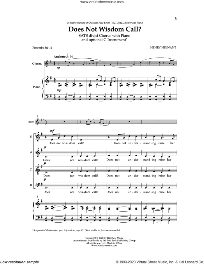 Does Not Wisdom Call? sheet music for choir (SATB: soprano, alto, tenor, bass) by Hank Hinnant, intermediate skill level