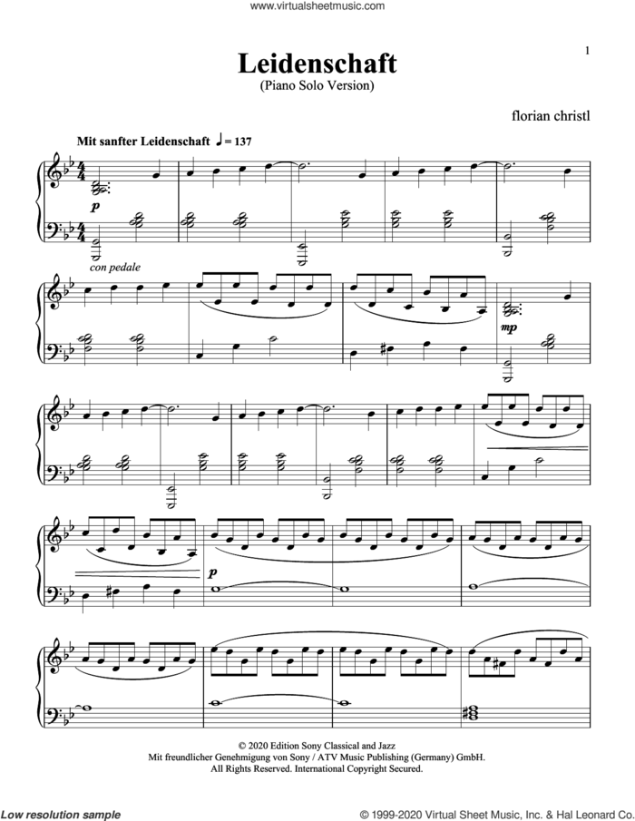 Leidenschaft (solo piano version) sheet music for piano solo by Florian Christl & The Modern String Quintet and Florian Christl, classical score, intermediate skill level