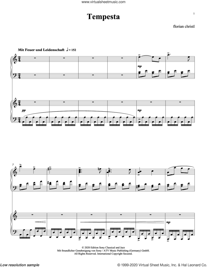 Tempesta sheet music for piano four hands by Florian Christl, classical score, intermediate skill level
