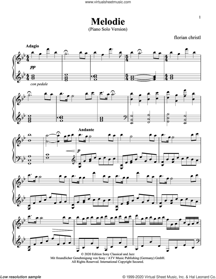 Melodie (solo piano version) sheet music for piano solo by Florian Christl & The Modern String Quintet and Florian Christl, classical score, intermediate skill level