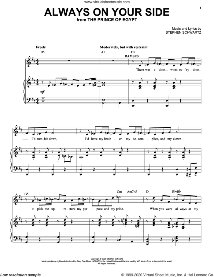 Always On Your Side (from The Prince Of Egypt: A New Musical) sheet music for voice and piano by Stephen Schwartz, intermediate skill level