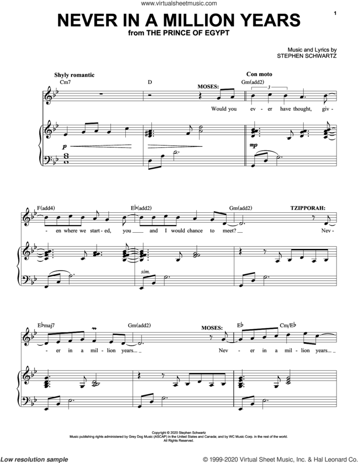 Never In A Million Years (from The Prince Of Egypt: A New Musical) sheet music for voice and piano by Stephen Schwartz, intermediate skill level