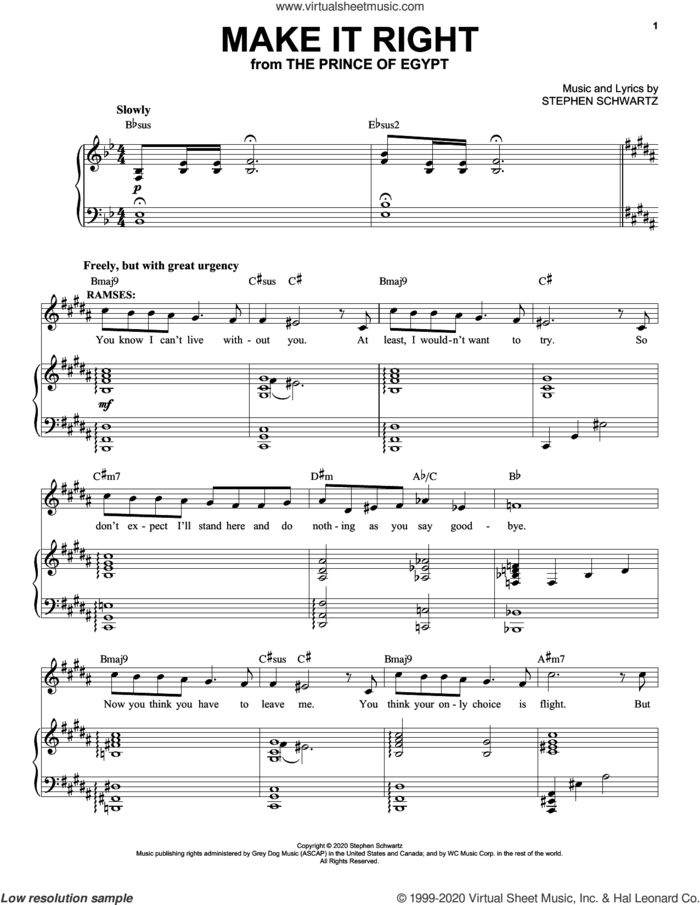 Make It Right (from The Prince Of Egypt: A New Musical) sheet music for voice and piano by Stephen Schwartz, intermediate skill level