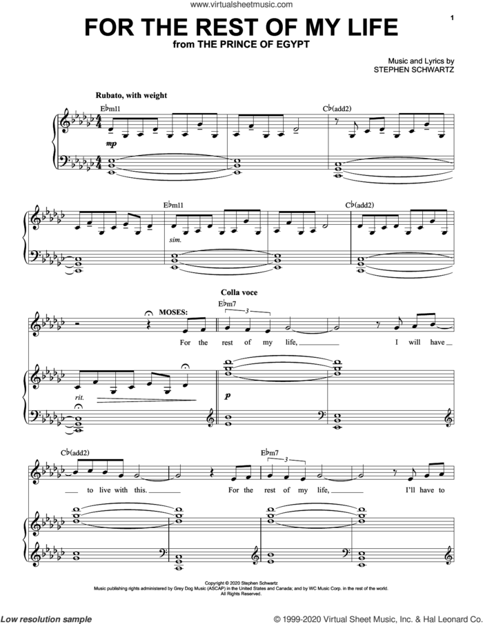 For The Rest Of My Life (from The Prince Of Egypt: A New Musical) sheet music for voice and piano by Stephen Schwartz, intermediate skill level