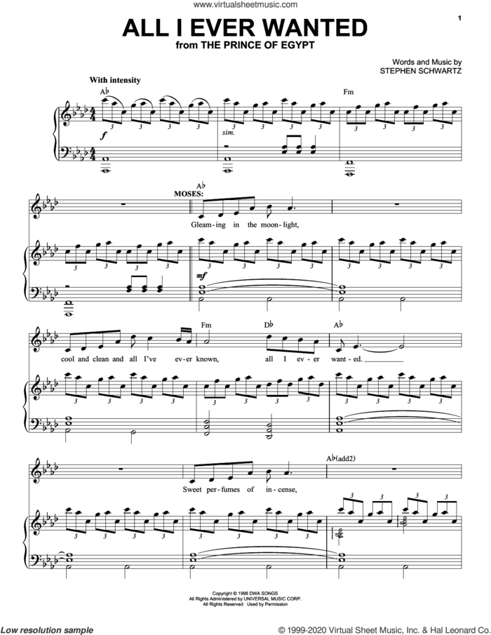All I Ever Wanted (with Queen's Reprise) (from The Prince Of Egypt: A New Musical) sheet music for voice and piano by Stephen Schwartz, intermediate skill level