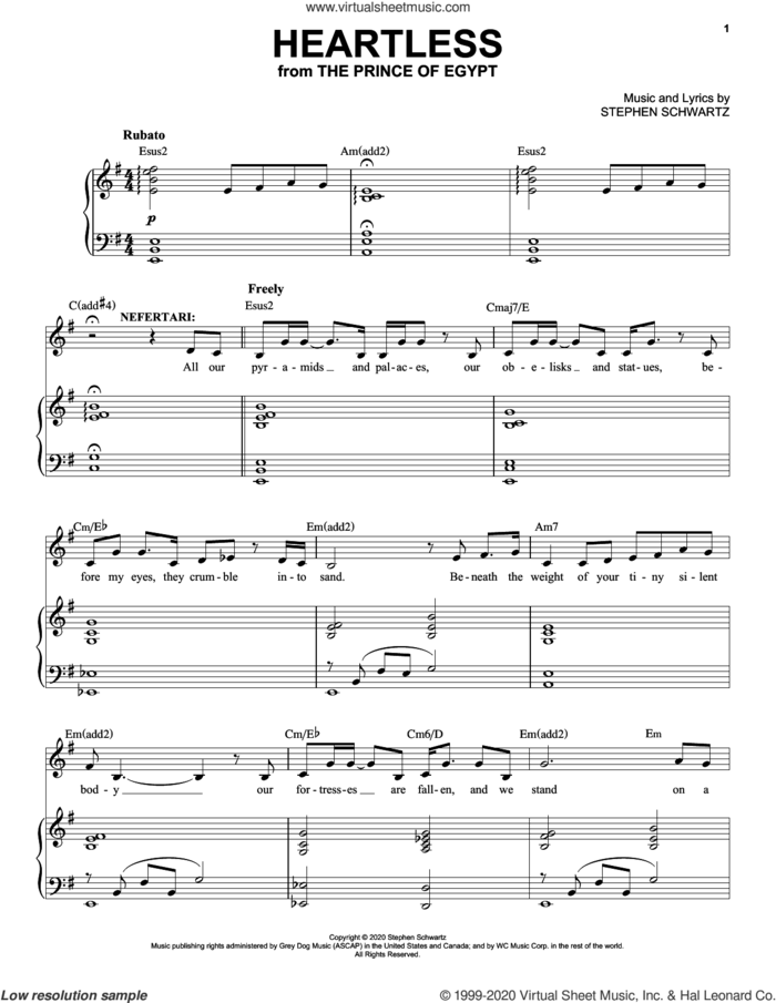 Heartless (from The Prince Of Egypt: A New Musical) sheet music for voice and piano by Stephen Schwartz, intermediate skill level