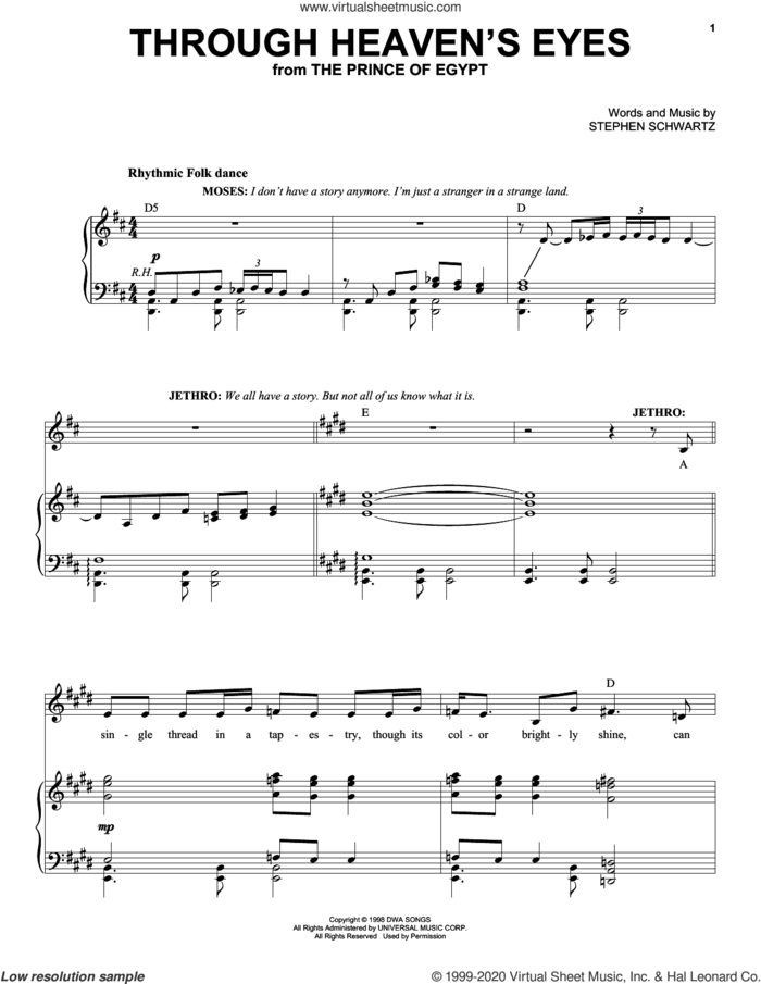Through Heaven's Eyes (from The Prince Of Egypt: A New Musical) sheet music for voice and piano by Stephen Schwartz, intermediate skill level