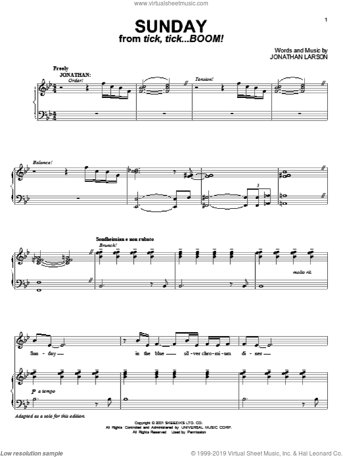 Sunday (from tick, tick... BOOM!) sheet music for voice and piano by Jonathan Larson, intermediate skill level