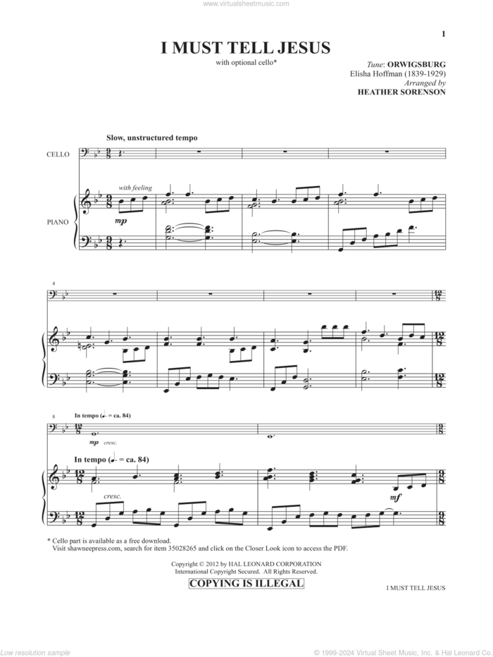 I Must Tell Jesus (from Images: Sacred Piano Reflections) sheet music for piano solo by Elisha A. Hoffman and Heather Sorenson, intermediate skill level