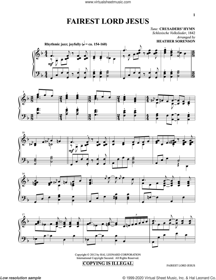 Fairest Lord Jesus (from Images: Sacred Piano Reflections) sheet music for piano solo by Joseph August Seiss, Heather Sorenson, Munster Gesangbuch, Richard Storrs Willis, arr. and Schlesische Volkslieder, intermediate skill level