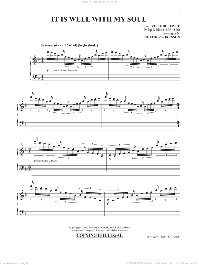 It Is Well With My Soul (from Images: Sacred Piano Reflections) sheet music for piano solo by Philip P. Bliss, Heather Sorenson and Horatio G. Spafford, intermediate skill level