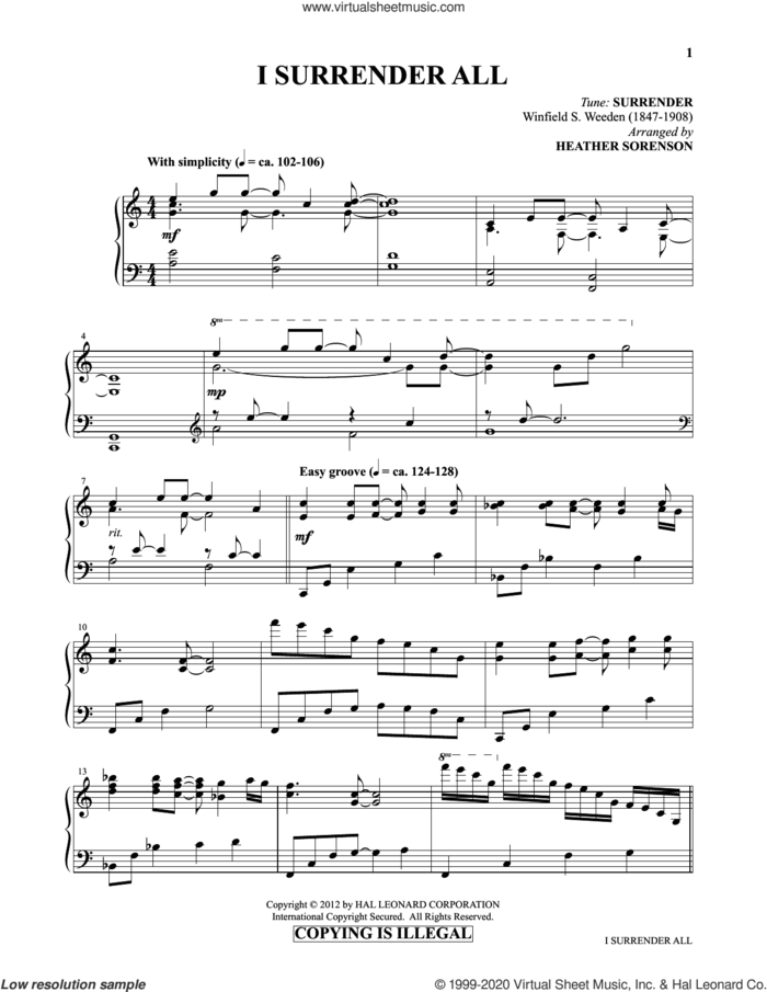 I Surrender All (from Images: Sacred Piano Reflections) sheet music for piano solo by Judson W. Van De Venter, Heather Sorenson and Winfield S. Weeden, intermediate skill level