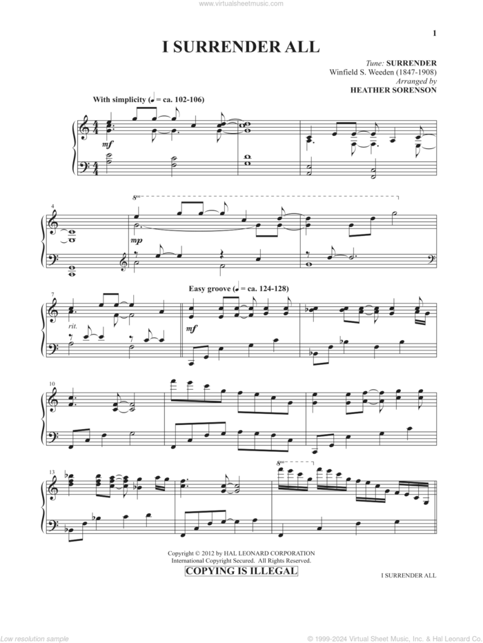 I Surrender All (from Images: Sacred Piano Reflections) sheet music for piano solo by Judson W. Van De Venter, Heather Sorenson and Winfield S. Weeden, intermediate skill level