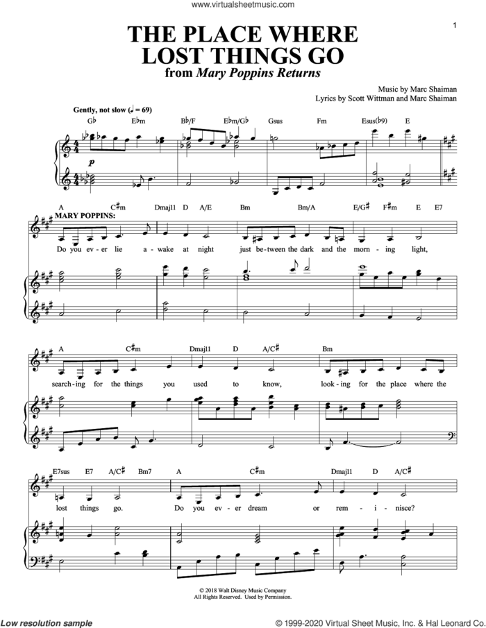 The Place Where Lost Things Go (from Mary Poppins Returns) sheet music for voice and piano by Emily Blunt, Marc Shaiman and Scott Wittman, intermediate skill level