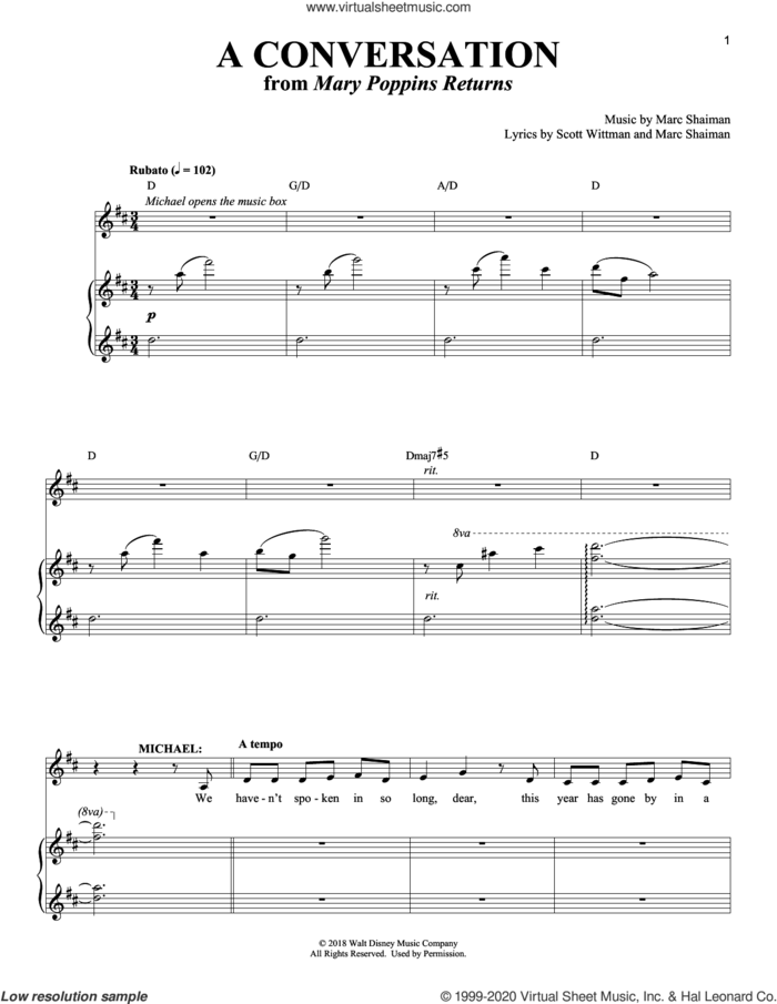 A Conversation (from Mary Poppins Returns) sheet music for voice and piano by Ben Wishaw, Marc Shaiman and Scott Wittman, intermediate skill level