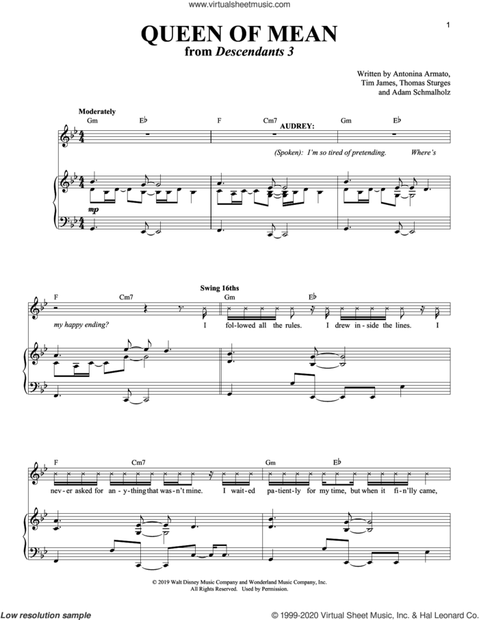 Queen Of Mean (from Disney's Descendants 3) sheet music for voice and piano by Sarah Jeffery, Adam Schmalholz, Antonina Armato, Thomas Sturges and Tim James, intermediate skill level