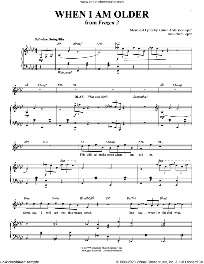 When I Am Older (from Disney's Frozen 2) sheet music for voice and piano by Josh Gad, Kristen Anderson-Lopez and Robert Lopez, intermediate skill level
