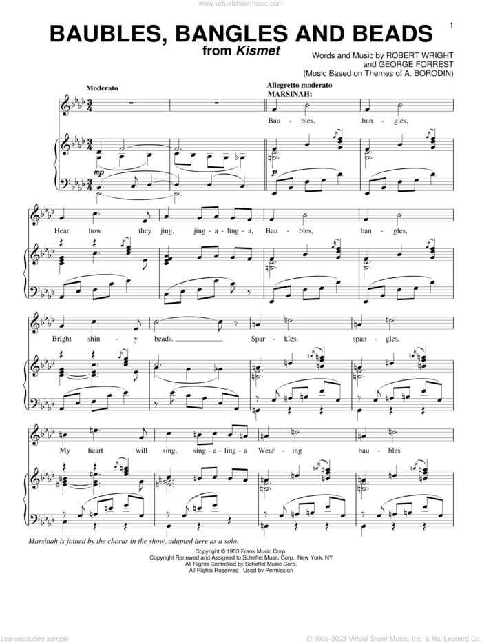 Baubles, Bangles And Beads sheet music for voice and piano by George Forrest and Robert Wright, intermediate skill level